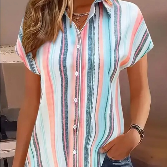 Tops - Striped Multicolor Button-Up Women's Top